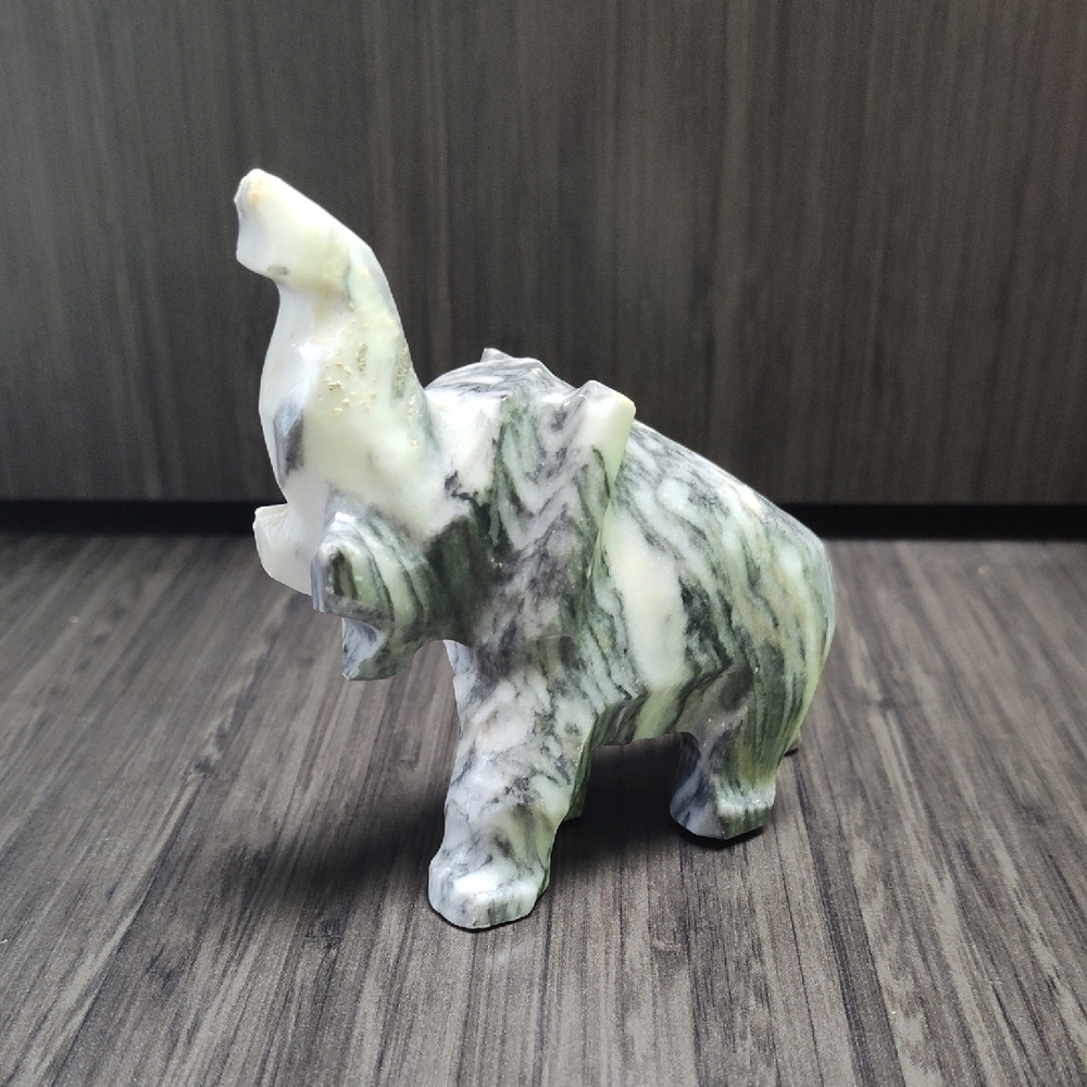 White and Gray Carved Marble Elephant Sculpture Art